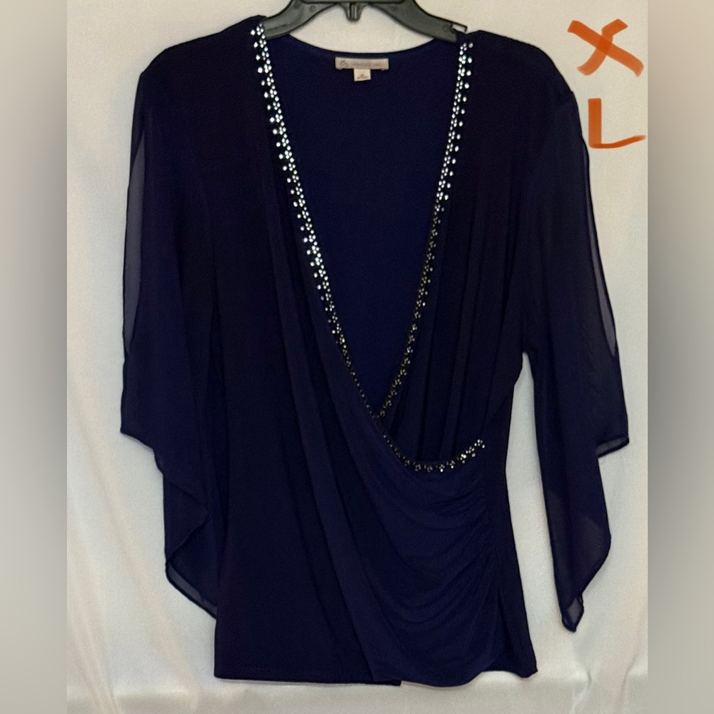 CJ Banks Navy Blouse with Sequin Trim
